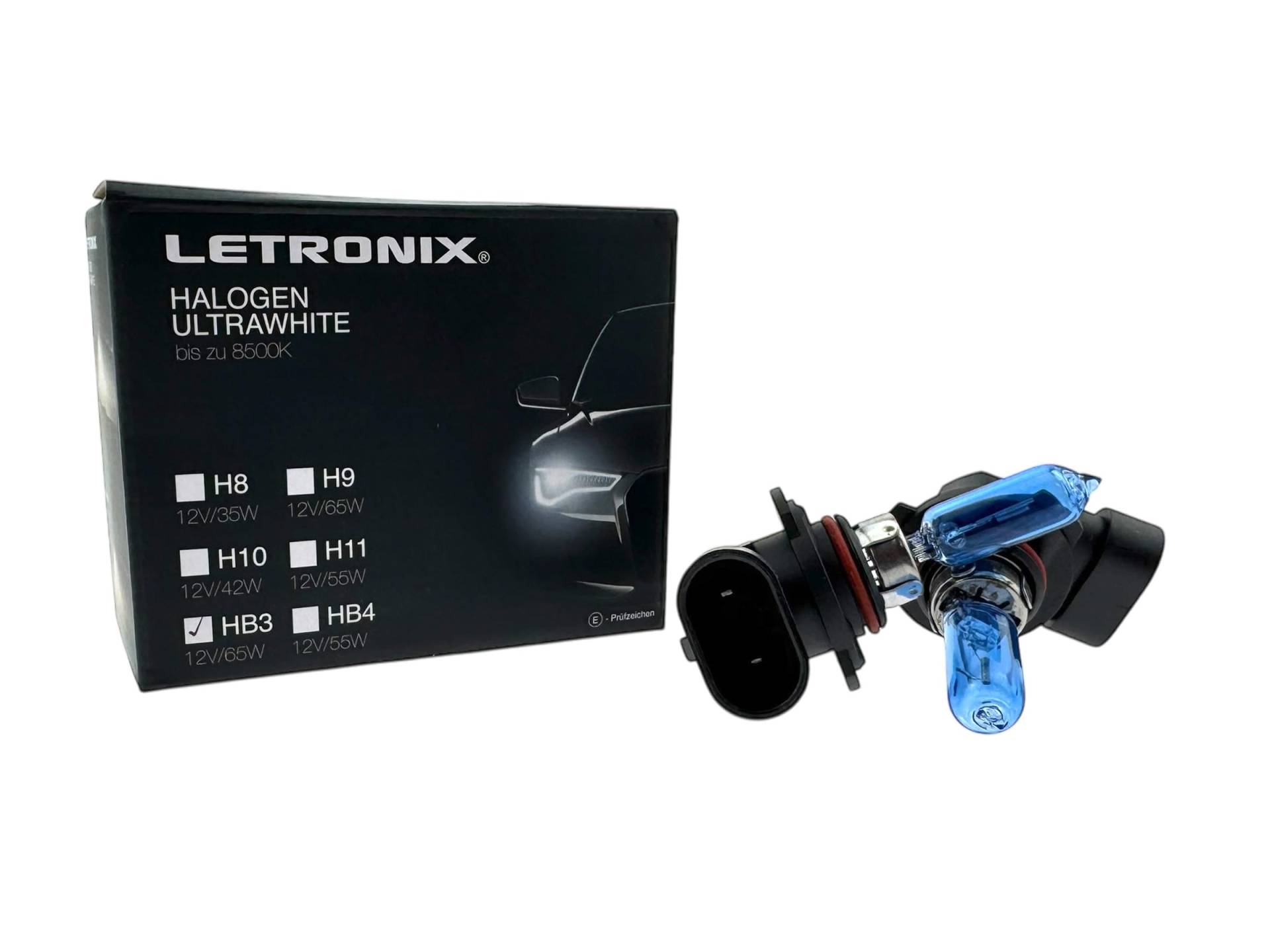 letronix Halogen Auto Lampen HB3 9005 12V 8500K Kalt Weiß Xenon Optik Gas Ultra White Look Birnen Lampe Abblendlicht Nebelscheinwerfer Fernlicht Kurvenlicht E-Prüfzeichen (LED Optik) (HB3 65W) von letronix