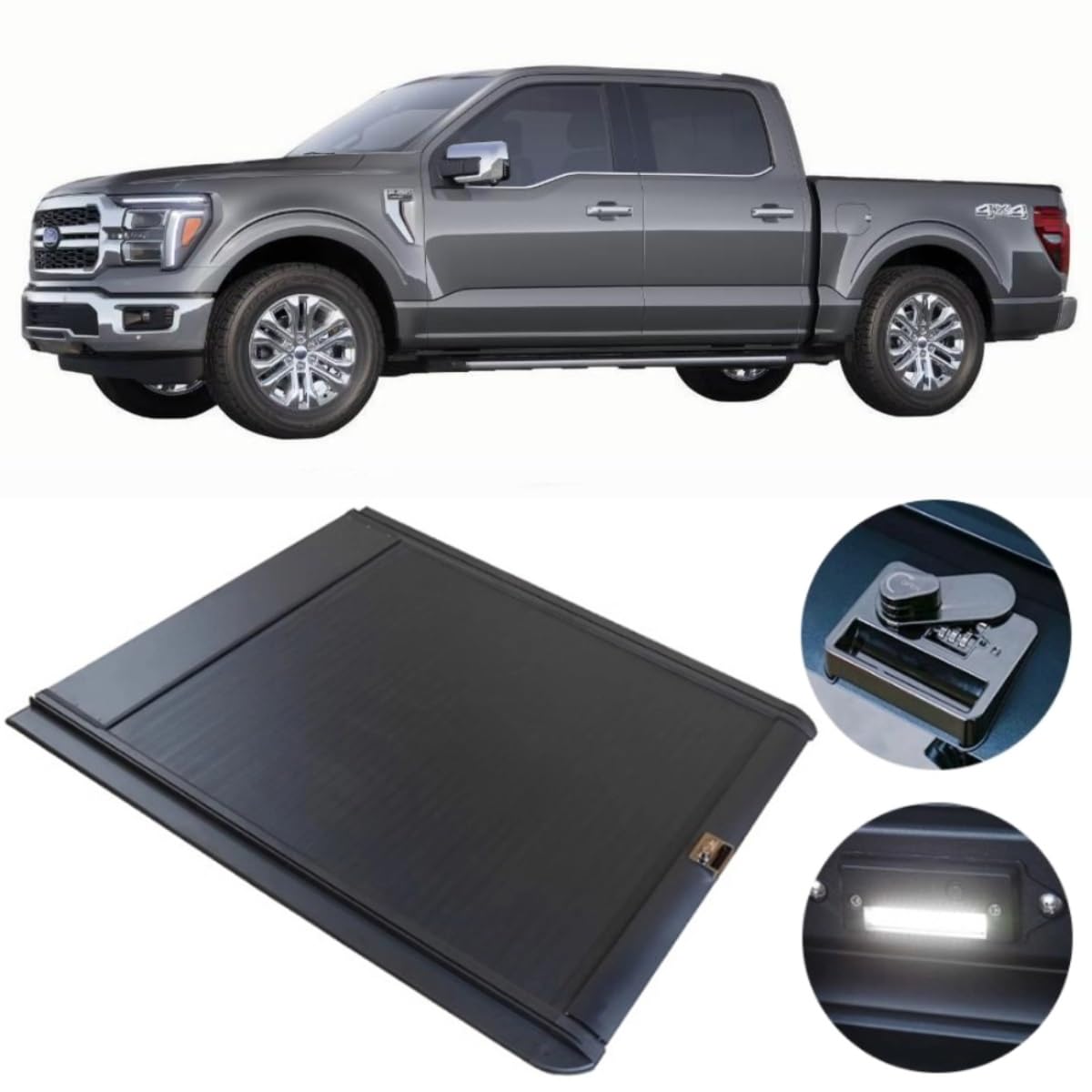 liujialigr Einziehbare Ladeflächenabdeckung aus Aluminium, kompatibel mit Ford F-150 F150 2025, Ladeflächenabdeckung mit Schloss, langlebiges Zubehör for die Rückabdeckung von LKW(Combination Lock) von liujialigr