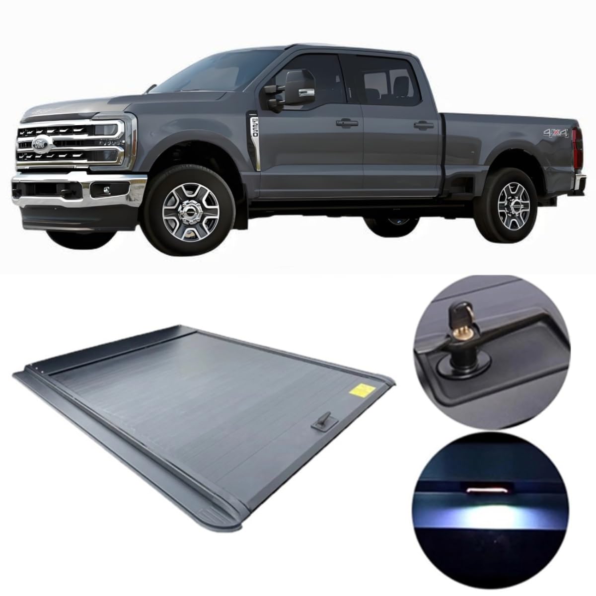 liujialigr Einziehbare Ladeflächenabdeckung aus Aluminium, kompatibel mit Ford F-350 F350 Super Duty 2025, Ladeflächenabdeckung mit Schloss, langlebiges Zubehör for die Rückabdeckung von Lkw(Key lock) von liujialigr