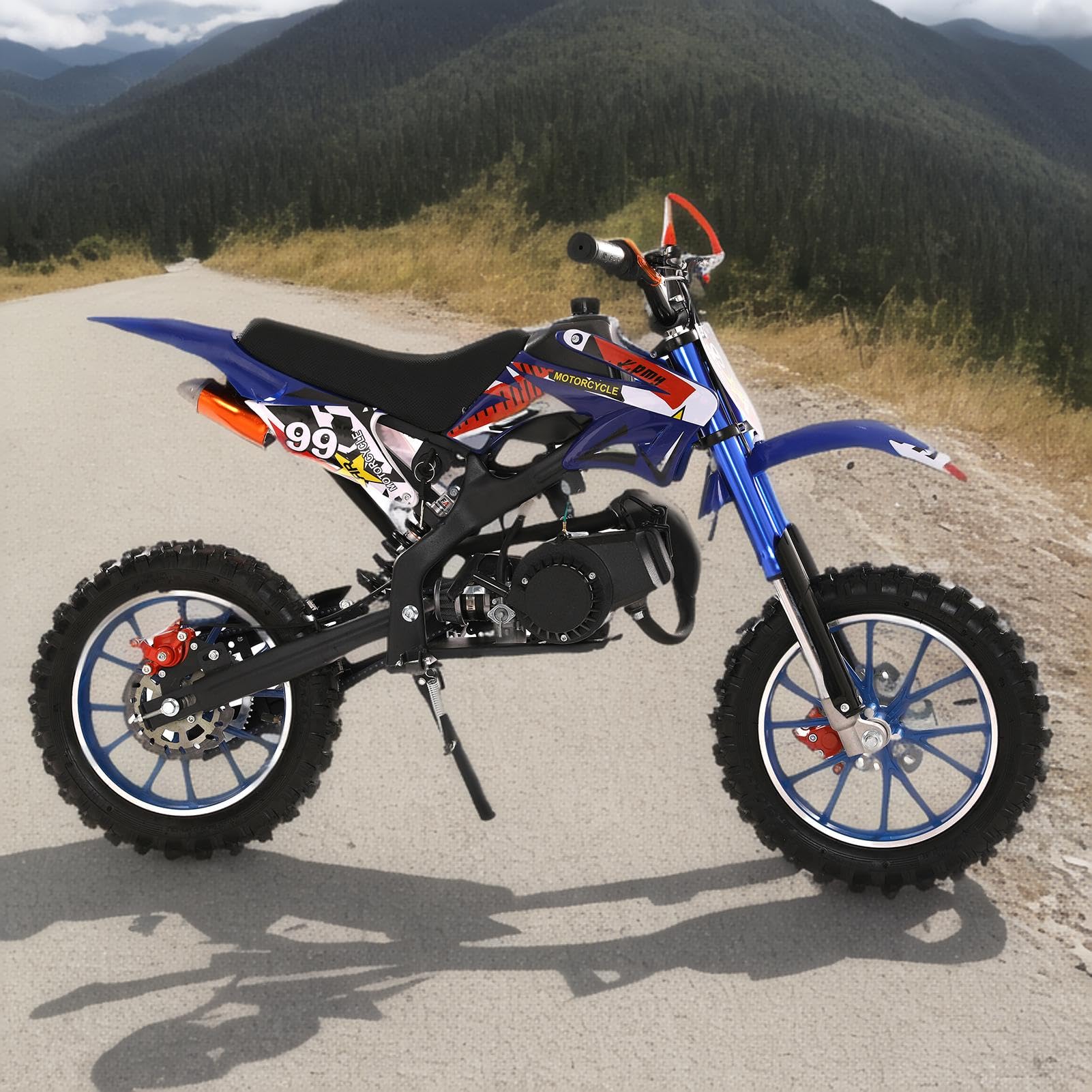 Gas-Dirtbike für Kinder, 49 cc, gasbetriebenes Motorrad, Mini-Pit-Bike, 2-Takt-Dirtbikes, Motocross-Motorräder für Kinder von 8–14, 40 km/h, Offroad-Fahrrad mit Scheibenbremsen vorne und hinten von locwanot