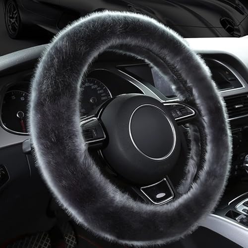 Flauschige Winter-Auto-Lenkradbezüge für Damen, weich, warm, Plüsch, niedlich, Auto-Innenzubehör für Fahrzeug, universal, rutschfest, flauschig, Standardgröße 34-39cm (Rund - Grau) von longjunjunfashion