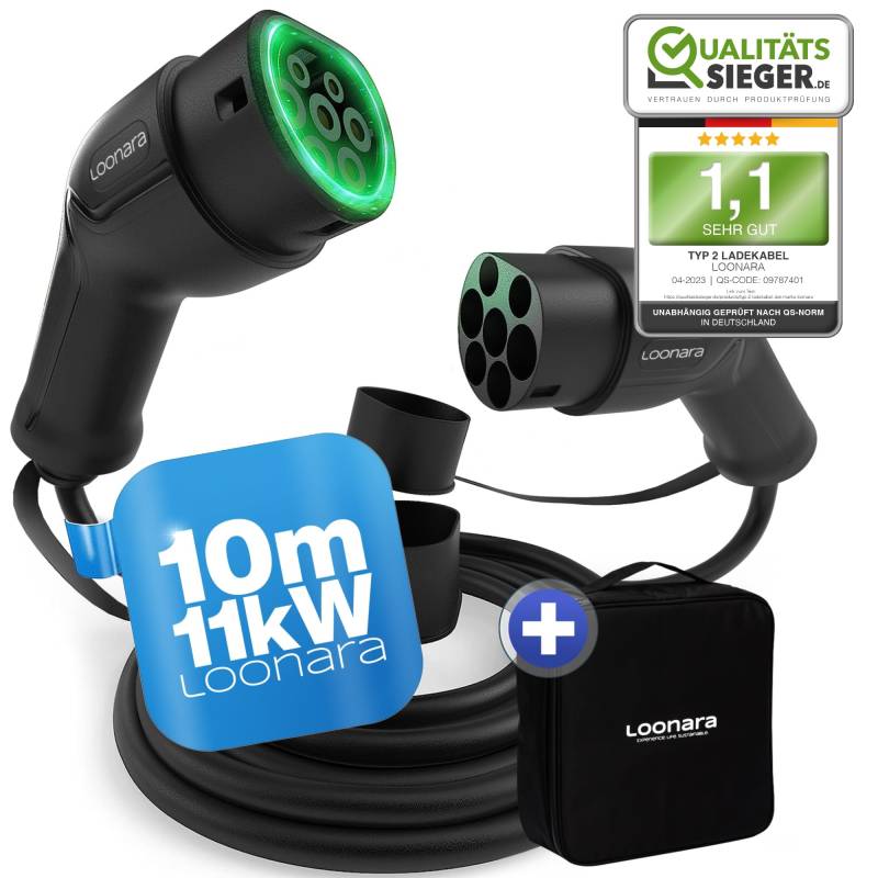 loonara Typ 2 Ladekabel 11kW 10m mit Tasche für E Hybrid - & E-Auto mit Typ 2 Ladekabel Stecker - Mode 3 Ladekabel Elektroauto Typ 2-16A ladekabel typ 2 kompatibel mit jedem Elektroauto schwarz von loonara