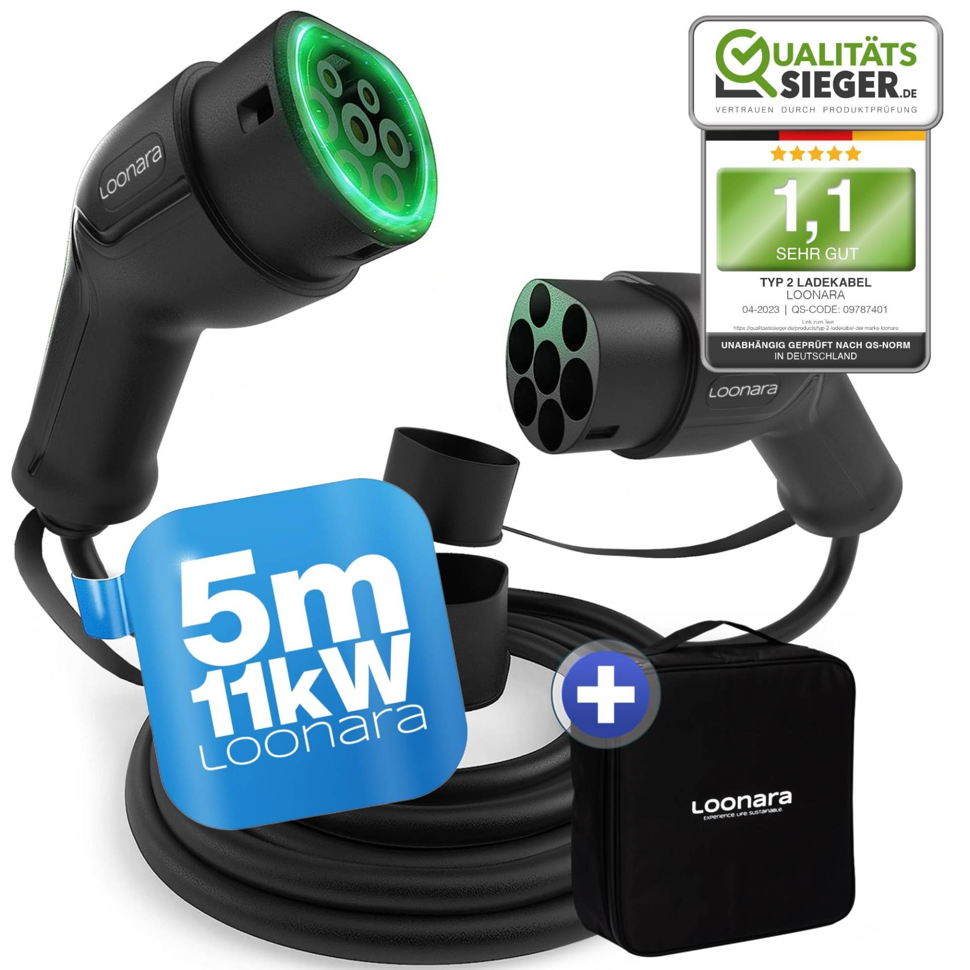 loonara Typ 2 Ladekabel 11kW 5m mit Tasche für E Hybrid - & E-Auto mit Typ 2 Ladekabel Stecker - Mode 3 Ladekabel Elektroauto Typ 2-16A ladekabel typ 2 kompatibel mit jedem Elektroauto schwarz von loonara