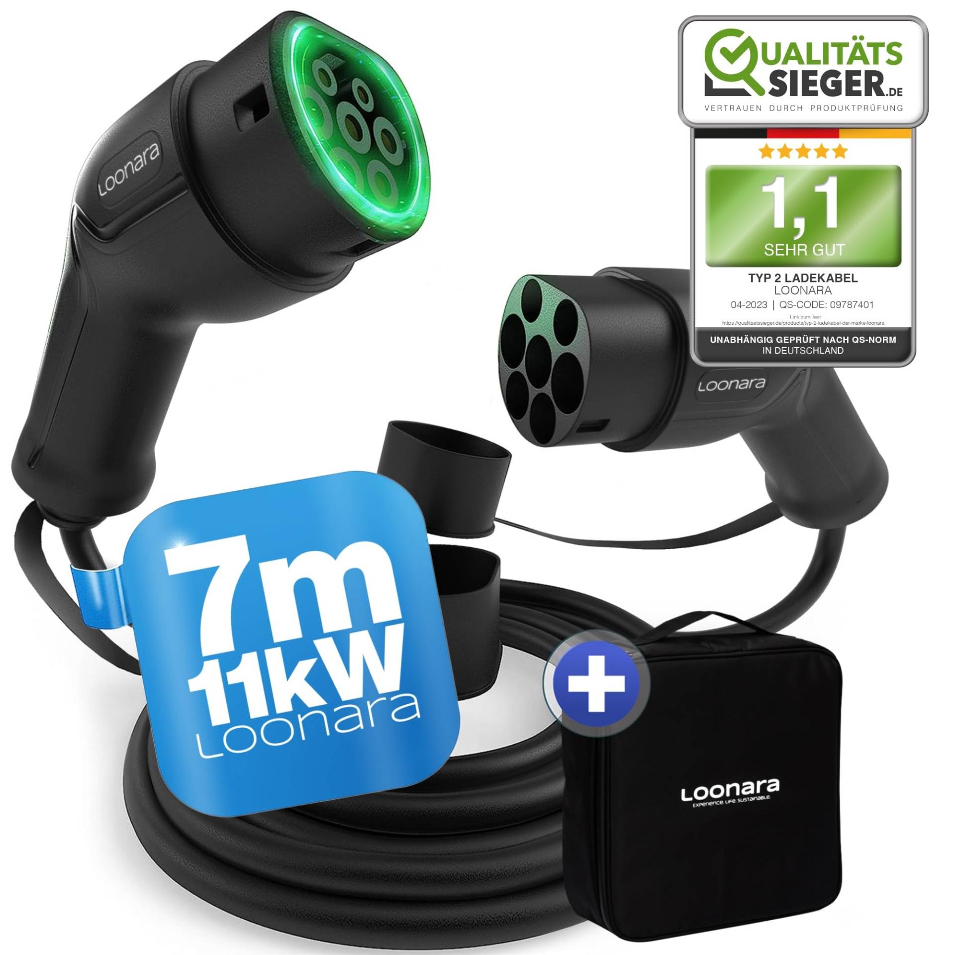 loonara Typ 2 Ladekabel 11kW 7m mit Tasche für E Hybrid - & E-Auto mit Typ 2 Ladekabel Stecker - Mode 3 Ladekabel Elektroauto Typ 2-16A ladekabel typ 2 kompatibel mit jedem Elektroauto schwarz von loonara