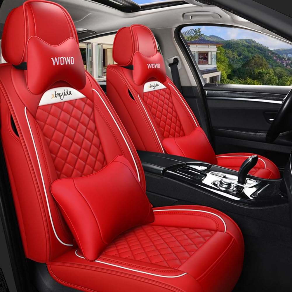 maiqiken Autositzbezug Für VW Für Volkswagen ID.4, Komplettset 5 Sitze Allwettereinsatz Auto PU Ledersitzbezug Vorne und Hinten 5 Stück,Deluxe Version - Rot von maiqiken