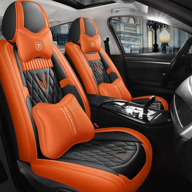 maiqiken Leder Autositzbezüge für Ford C-Max 2003-2024 5-Sitzer Sitzbezüge Auto Schonbezüge mit Kopfkissen Wasserdicht Allwetter Auto Zubehör Schwarz Orange von maiqiken