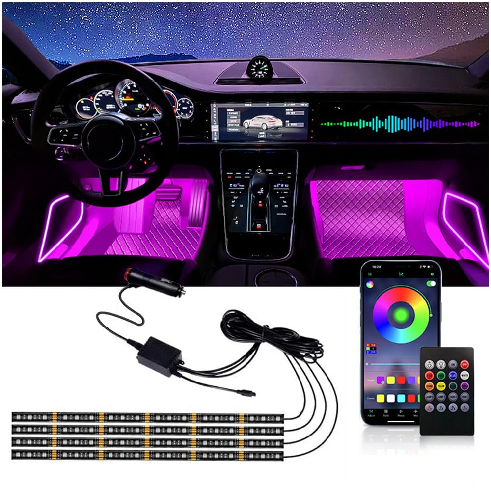 massway LED Innenbeleuchtung Auto, 4pcs 72 LED Streifen Auto Innenraumbeleuchtung Ambientebeleuchtung, 12V Wasserdicht LED Strip mit Zigarettenanzünder, APP & Fernbedienung Steuerung von massway