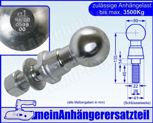 Kugelkopf Kugelkopfbolzen Zugkugel Kupplungskugel 3,5t 3500kg mit E-Prüfzeichen von meinAnhängerersatzteil