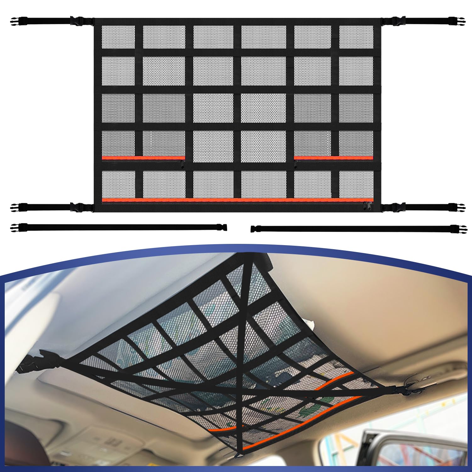 Gepäcknetz Auto,Universal Autodach Gepäcknetz Decke,90 × 65 cm Doppeltes Aufbewahrungsnetz Mit ReißVerschluss für Vier Dach Armlehnen auf Autos, Jeeps, Van, SUV (Orange) von meleg otthon