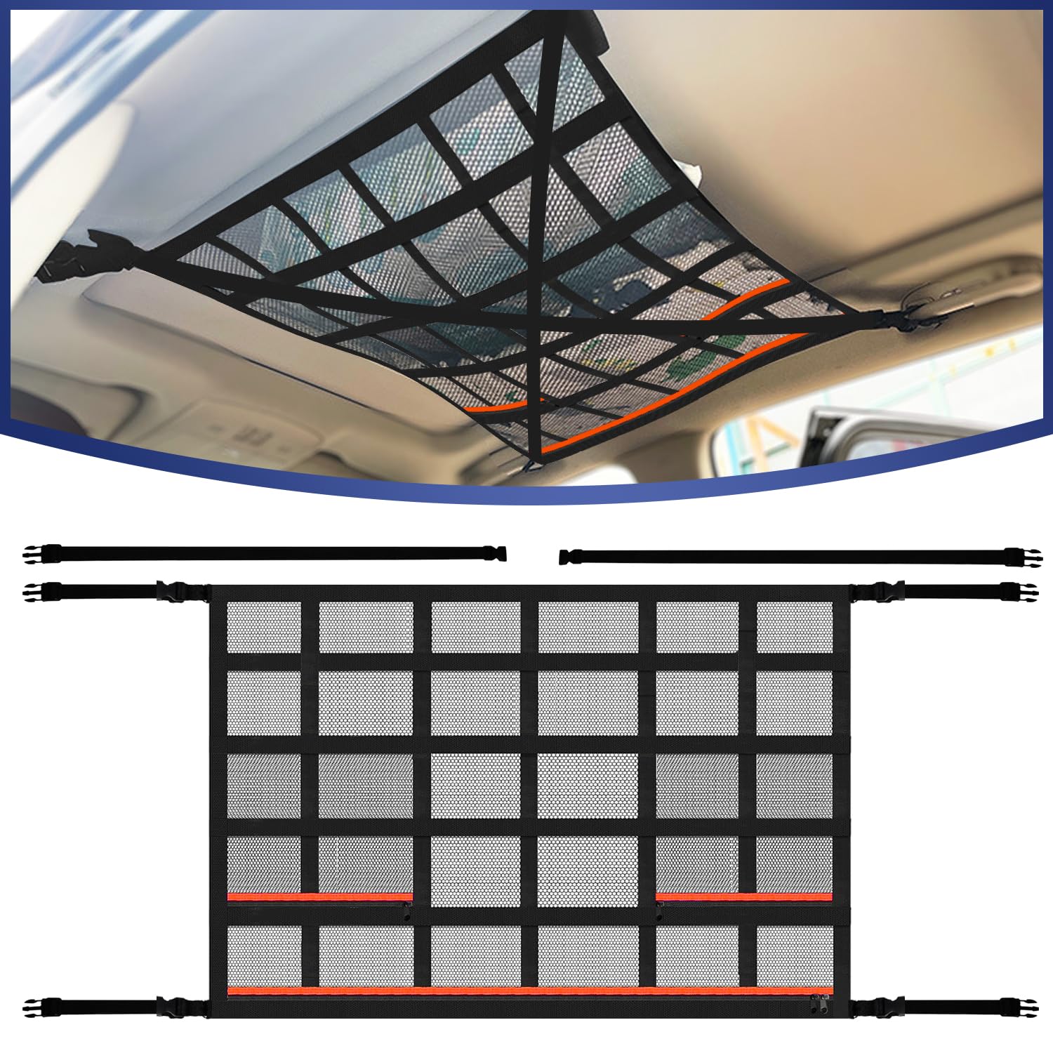 Gepäcknetz Auto,Universal Autodach Gepäcknetz Decke,90 × 65 cm Doppeltes Aufbewahrungsnetz Mit ReißVerschluss für Vier Dach Armlehnen auf Autos, Jeeps, Van, SUV von meleg otthon