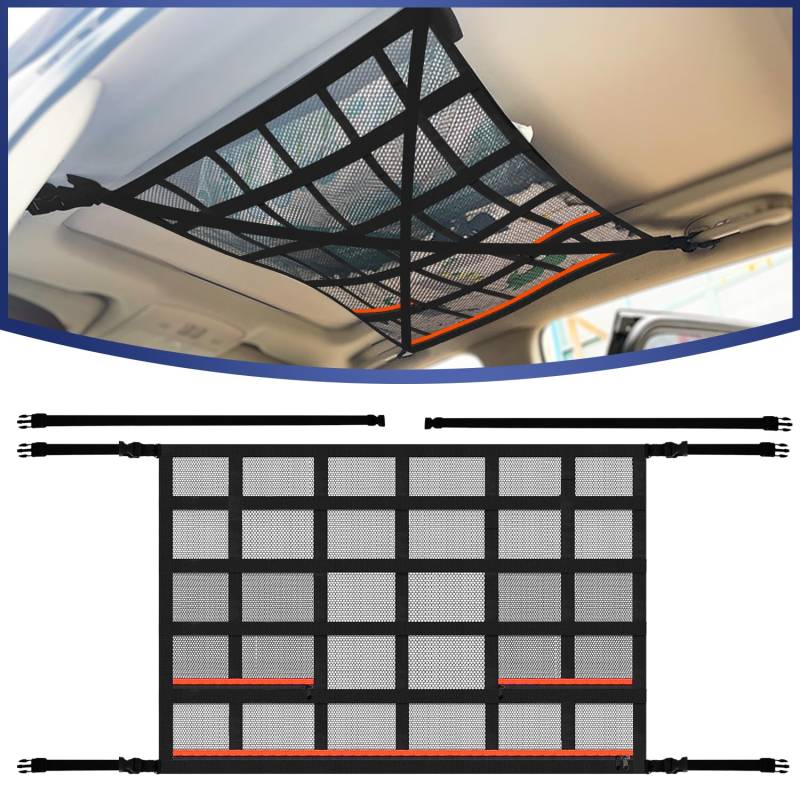 Gepäcknetz Auto,Universal Autodach Gepäcknetz Decke,90 × 65 cm Doppeltes Aufbewahrungsnetz Mit ReißVerschluss für Vier Dach Armlehnen auf Autos, Jeeps, Van, SUV von meleg otthon