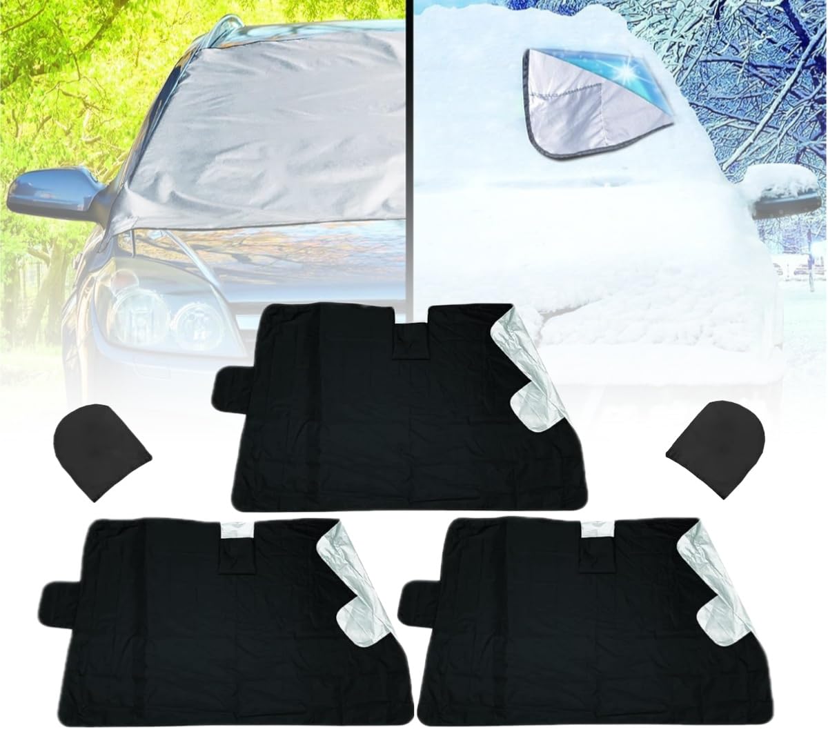 Allwetter-Sonnenschutz-Eisabdeckung, 2er-Pack, robuster, wendbarer Windschutzscheibenschutz, mit Seitenspiegelabdeckungen und Diebstahlschutzplatten,schützt jedes Auto vor Hitze und Schnee(3pcs) von mengmaxiang