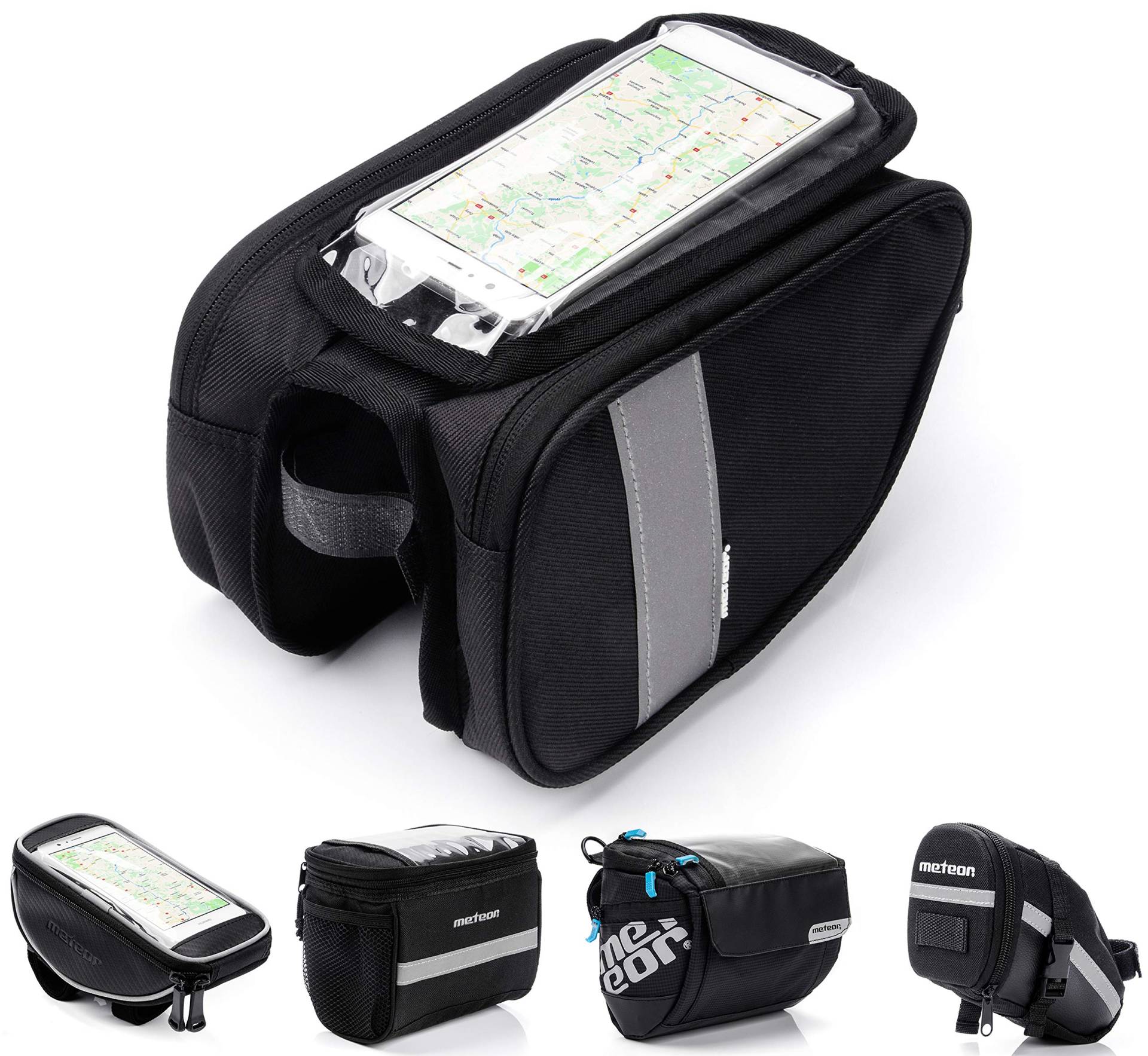 meteor Fahrradtasche Fahrradrahmentasche Fahrradtasche Fahrradtasche Doppel-Etui wasserdichtes Telefon Pannier mit Touchscreen-Handyhülle (TORYS, Schwarz) von meteor