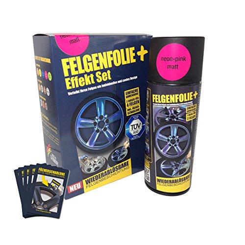 mibenco 71004028 FELGENFOLIE+ Effekt Set, 2 x 400 ml, Neon-Pink - Flüssiggummi Spray / Sprühfolie - Neue Neon-Farbe und Schutz zum Felgen lackieren von mibenco