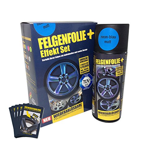 mibenco 71005049 FELGENFOLIE+ Effekt Set, 2 x 400 ml, Neon-Blau - Flüssiggummi Spray / Sprühfolie - Neue Neon-Farbe und Schutz zum Felgen lackieren von mibenco