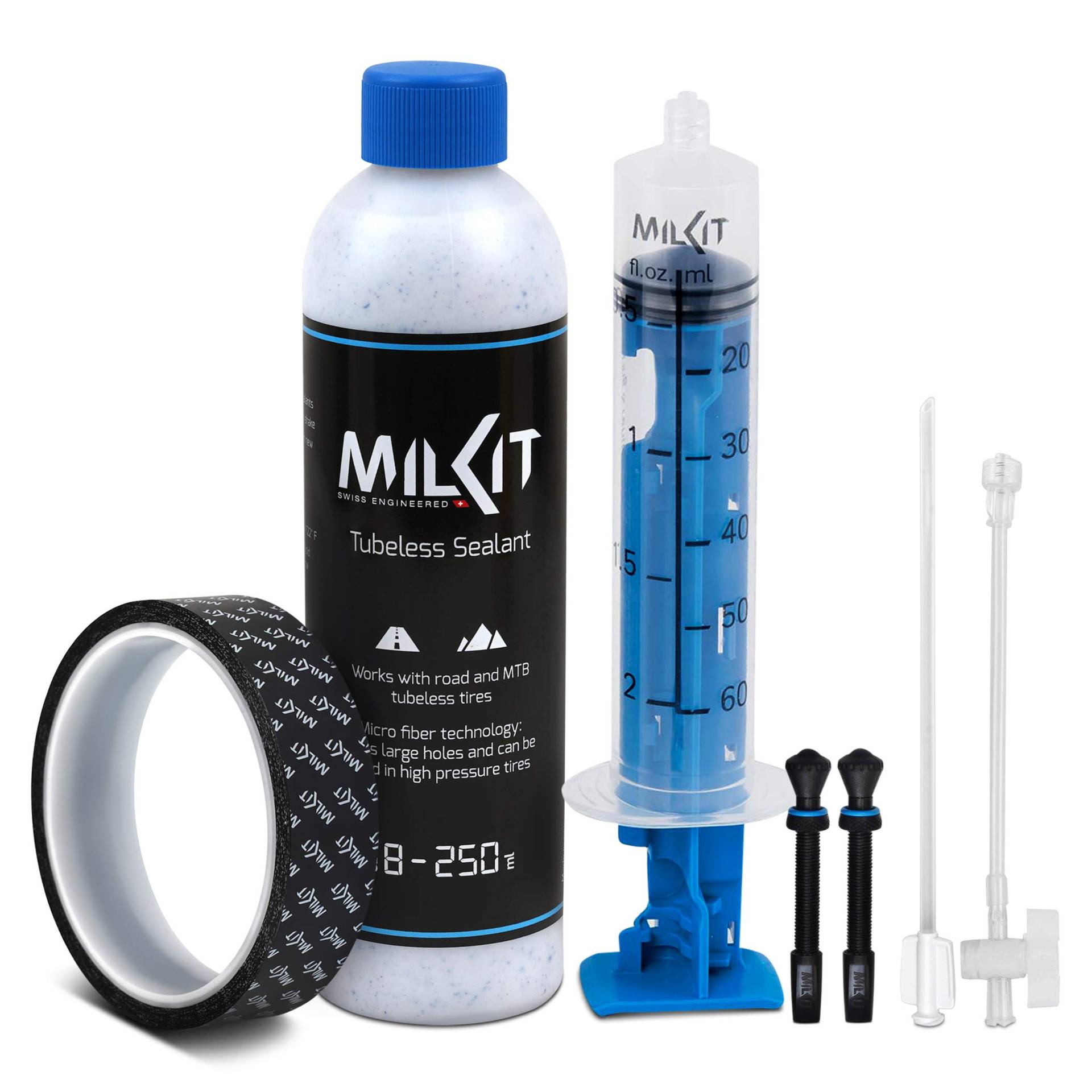 milKit Tubeless Conversion Kit - Umrüst Set inkl. patentiertem Tubeless Zubehör - geeignet für MTB und Rennrad - Tubeless Repair Kit zum Umrüsten oder Montieren (21 mm Felgenband) von milKit