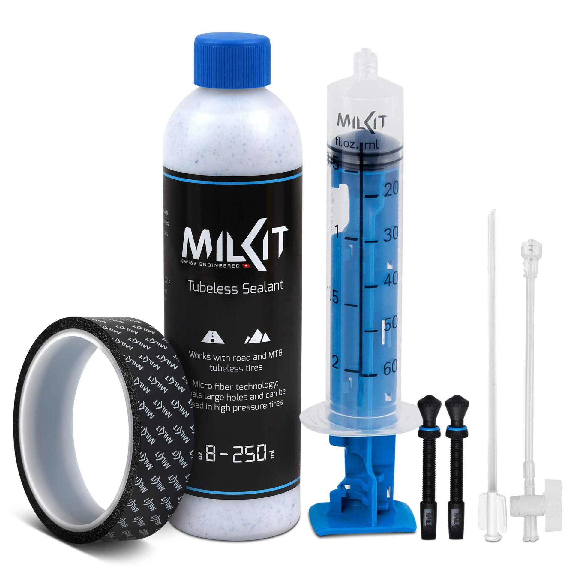 milKit Tubeless Conversion Kit - Umrüst Set inkl. patentiertem Tubeless Zubehör - geeignet für MTB und Rennrad - Tubeless Repair Kit zum Umrüsten oder Montieren (25 mm Felgenband) von milKit