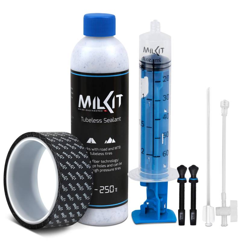 milKit Tubeless Conversion Kit - Umrüst Set inkl. patentiertem Tubeless Zubehör - geeignet für MTB und Rennrad - Tubeless Repair Kit zum Umrüsten oder Montieren (32 mm Felgenband) von milKit