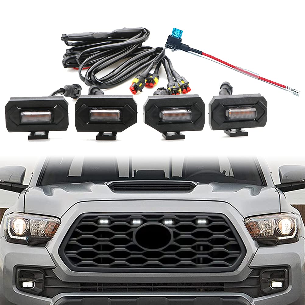 4 x LED-Grilllichter für Tacoma 2020 2021 OEM Kühlergrill, inklusive TRD Off-Road und Sport Modelle Raptor Style LED-Licht (weißes Licht mit schwarzem Gehäuse) von mingjue