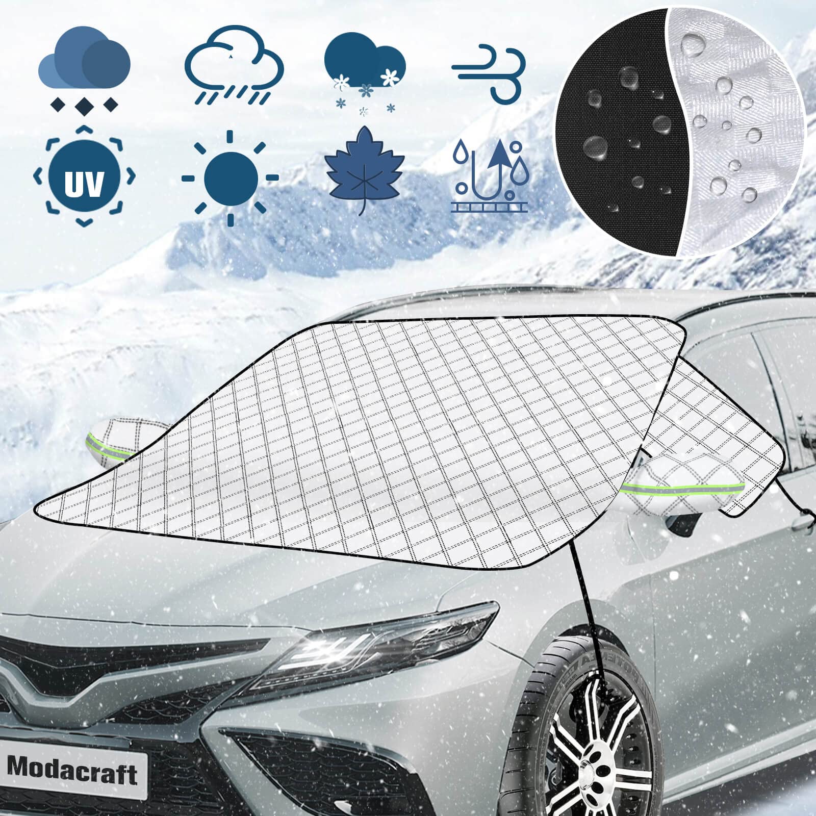 modacraft 2024 Aufgerüstet Frontscheibenabdeckung mit Seitenspiegelabdeckung, 4 Schicht Dicker Wasserdicht Winter Auto Abdeckung Gegen Schnee Frost EIS UV Staub Sonne für die Meisten Autos, 150x128cm von modacraft