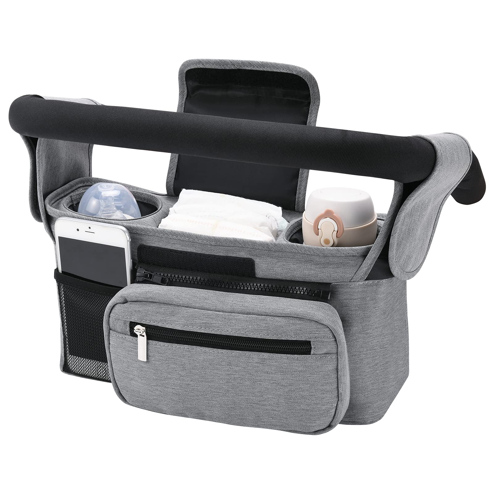 Kinderwagen Organizer Universal mit Isolierten Getränkehalter/Becherhalter, Momcozy Buggy Kinderwagentasche Baby Zubehör mit Reißverschlusstasche, Schultergurt und Großem Stauraum für Windeln&Handys von momcozy