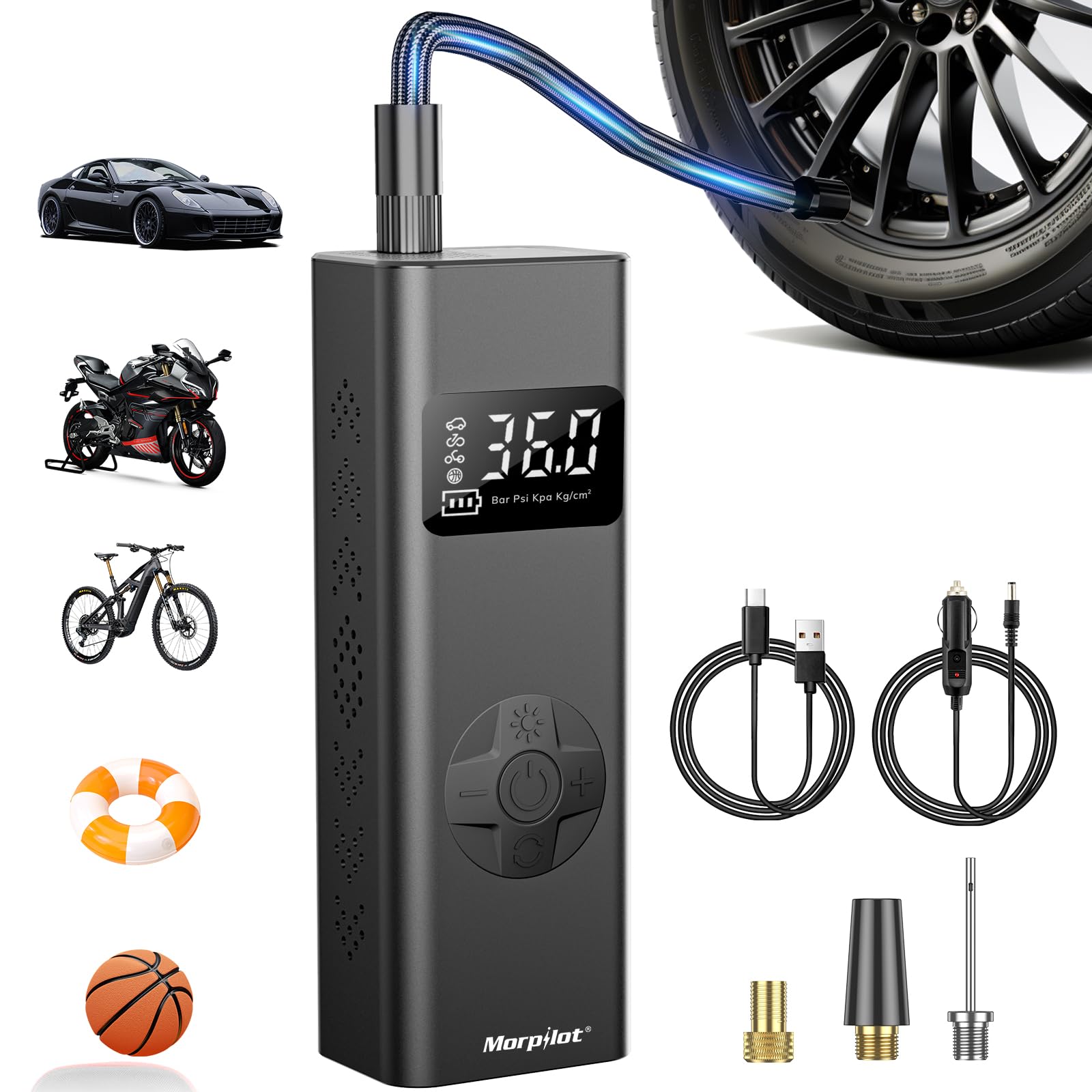 Morpilot Elektrische Luftpumpe, 7800mAh Mini Tragbar Kompressor, Fahrradpumpe Elektrisch mit Digitalanzeige und Notbeleuchtung, Pumpe für Auto, Motorrad, Fahrräder, Bälle von morpilot