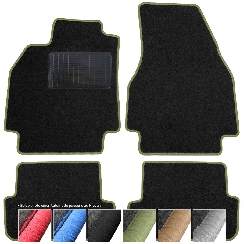 moto-MOLTICO Fußmatten Auto - Velours Autoteppiche passend für Nissan Tiida (2008-2012) - 4-teiliges Set - Schwarze Automatten mit Grünen Ziernähten von moto-MOLTICO