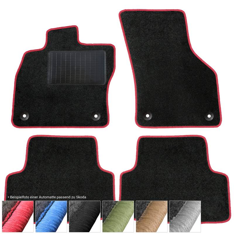 moto-MOLTICO Fußmatten Auto - Velours Autoteppiche passend für Skoda Fabia 2 (2007-2014) - 4-teiliges Set - Schwarze Automatten mit Roten Ziernähten von moto-MOLTICO