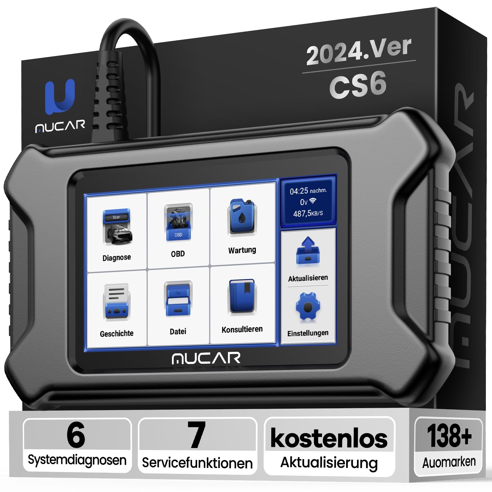 OBD2 Diagnosegerät, MUCAR CS6 Auto Diagnosegerät Mit 6 Systemdiagnosen (ECM/TCM/ABS/SRS/TPMS/BCM) + 7 Servicefunktionen, Diagnosegerät Auto, Automatische VIN, Android 7.0, Kostenlos Aktualisierungen von mucar