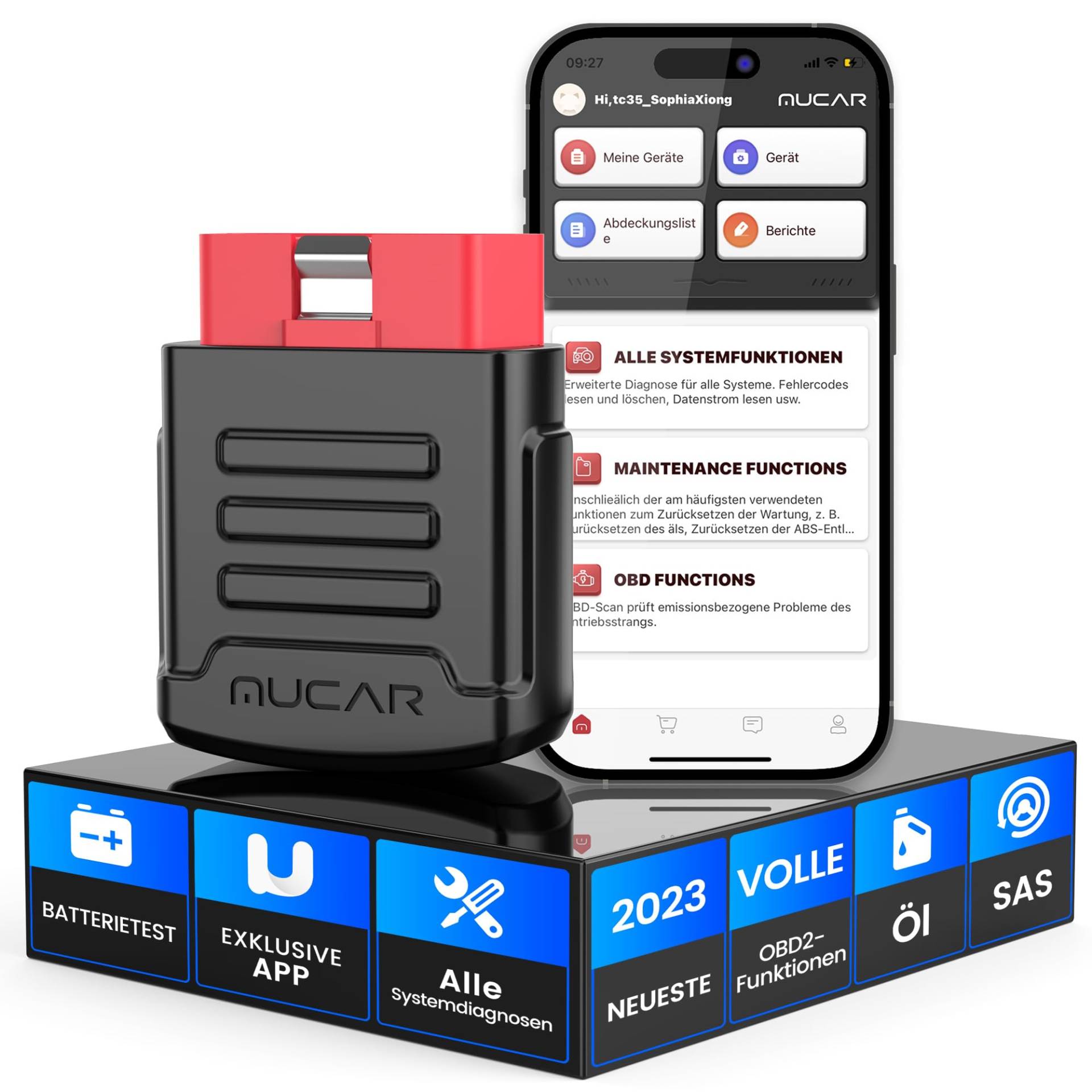 OBD2 Bluetooth 5.0 Adapter, MUCAR BT200 Diagnosegerät Auto mit Vollsysteme+2 Servicefunktionen(Öl/SAS), OBD2 Diagnosegerät Für IOS&Android App/Batterietest/AutoVIN, Kostenloses Aktualisierungen von mucar