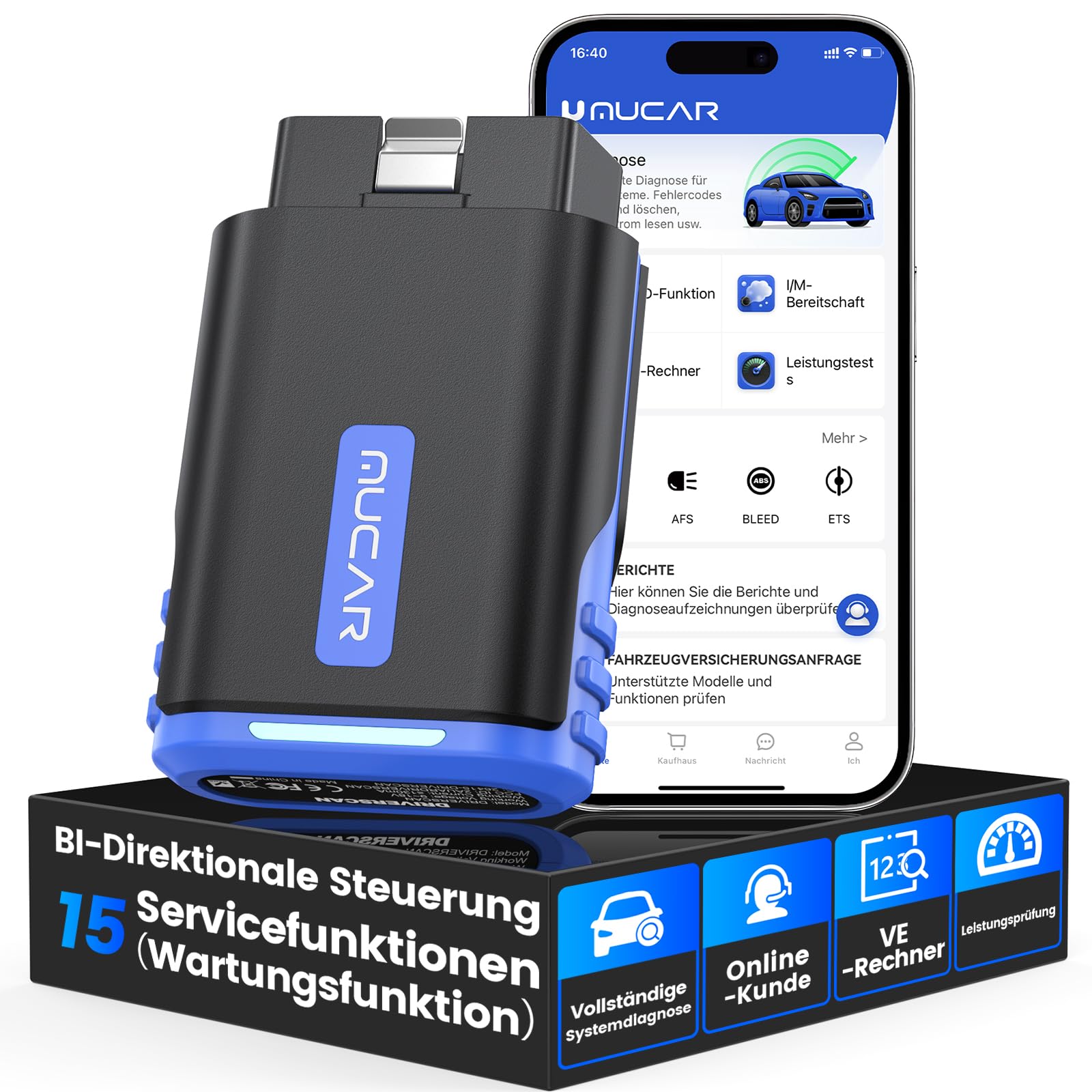 OBD2 Bluetooth Adapter, MUCAR DriverScan OBD2 Diagnosegerät Bluetooth Mit Vollsysteme+15 Reset-Funktion, Diagnosegerät Auto Für Exklusive APP/Batterietest/iOS/Android von mucar