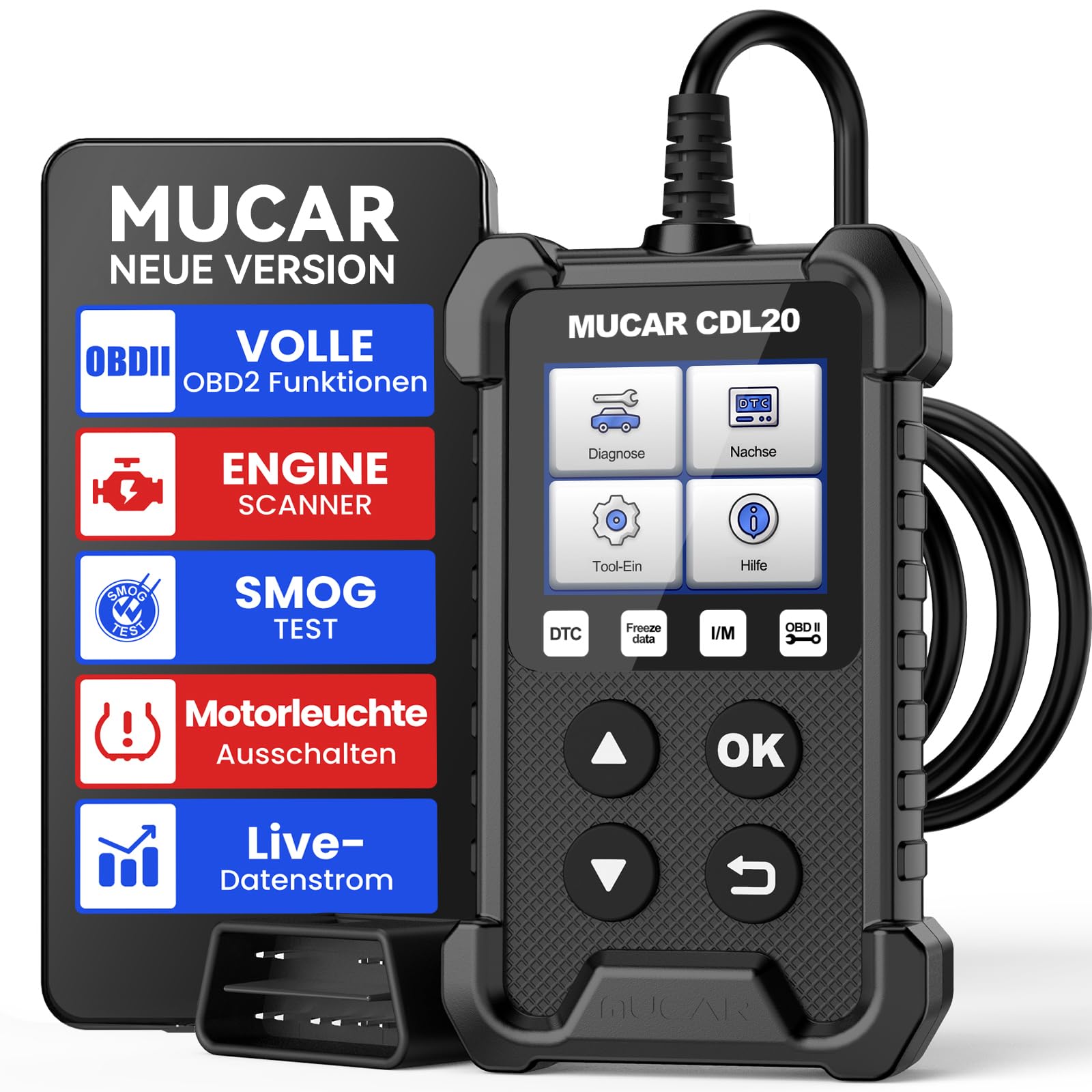 mucar OBD2 Diagnosegerät, CDL20 OBD2/EOBD Diagnosegerät Auto, Motor Fehlercodeleser Auto Diagnosegerät, KFZ Auslesegerät Mit Vollen OBD2-Funktionen, Auto Auslesegerät Unterstützt OBDII/EOBD-Protokoll von mucar