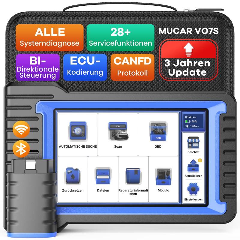 OBD2 Diagnosegerät Bluetooth, MUCAR VO7S Diagnosegerät Auto Mit Vollständige Systemdiagnose & 28+ Servicefunktionen, KFZ Auslesegerät Für Aktives Testen/ECU-Kodierung/Unterstützt CANFD-Protokoll von mucar