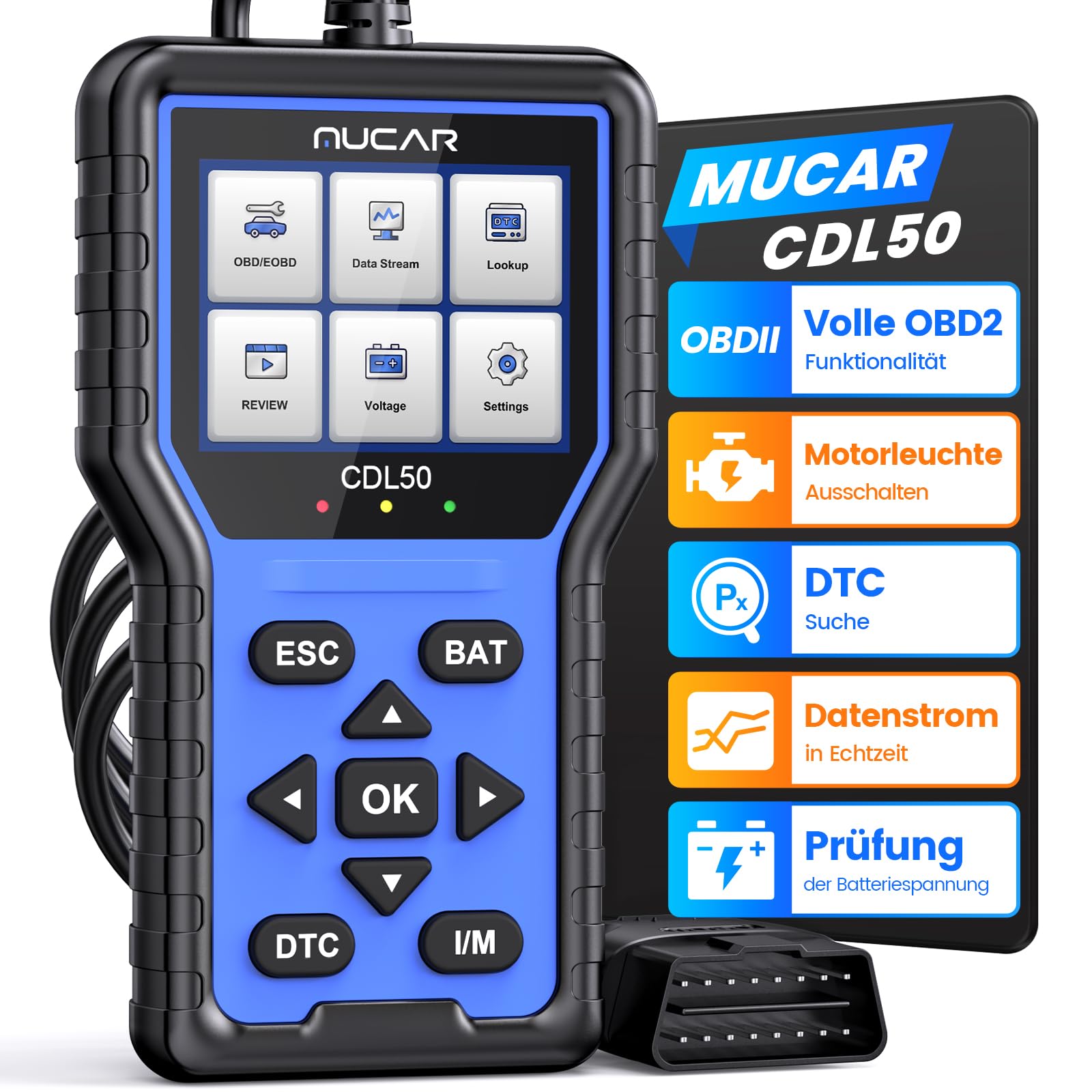 OBD2 Diagnosegerät, MUCAR CDL50 OBD2/EOBD Diagnosegerät Auto Mit Vollen OBD2-Funktionen, Auto Auslesegerät Motor-Fehlercode lesen,One Touch I/M Bereitschaftstaste von mucar