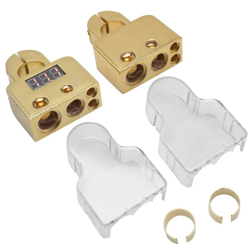 Autobatterie-Anschlussklemmen-Set mit digitaler Voltmeter-Anzeige für 12,24 V-Überwachung, Standard-0,4,8 AWG-Messgerät, Aluminiumlegierung mit Acrylabdeckung für längere (A(gold)) von nikusaz