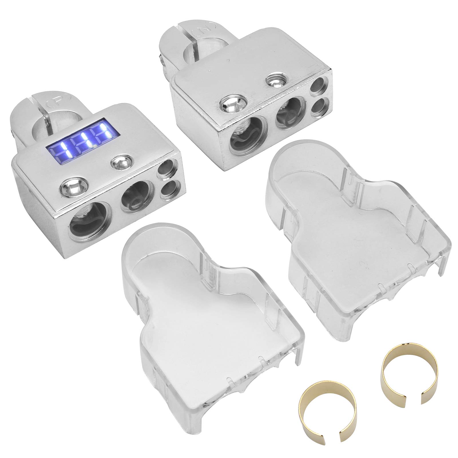 Autobatterie-Anschlussklemmen-Set mit digitaler Voltmeter-Anzeige für 12,24 V-Überwachung, Standard-0,4,8 AWG-Messgerät, Aluminiumlegierung mit Acrylabdeckung für längere (B(silver)) von nikusaz