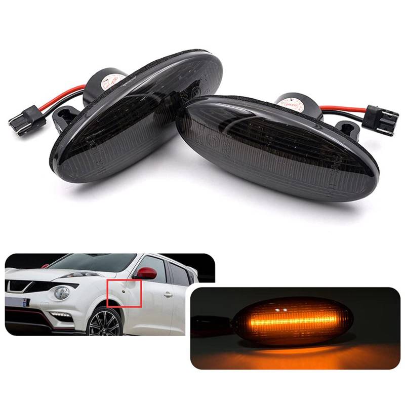 2X LED Seitenblinker Repeater Licht für Nissan Juke F15 Juke Nismo 10-14 Qashqai J10 10-13 Micra III IV March K12 K13 09-17 X-Trail 07-14 Leaf Cube Note Smoked Lens Fender Blinkerlampe von njssjd