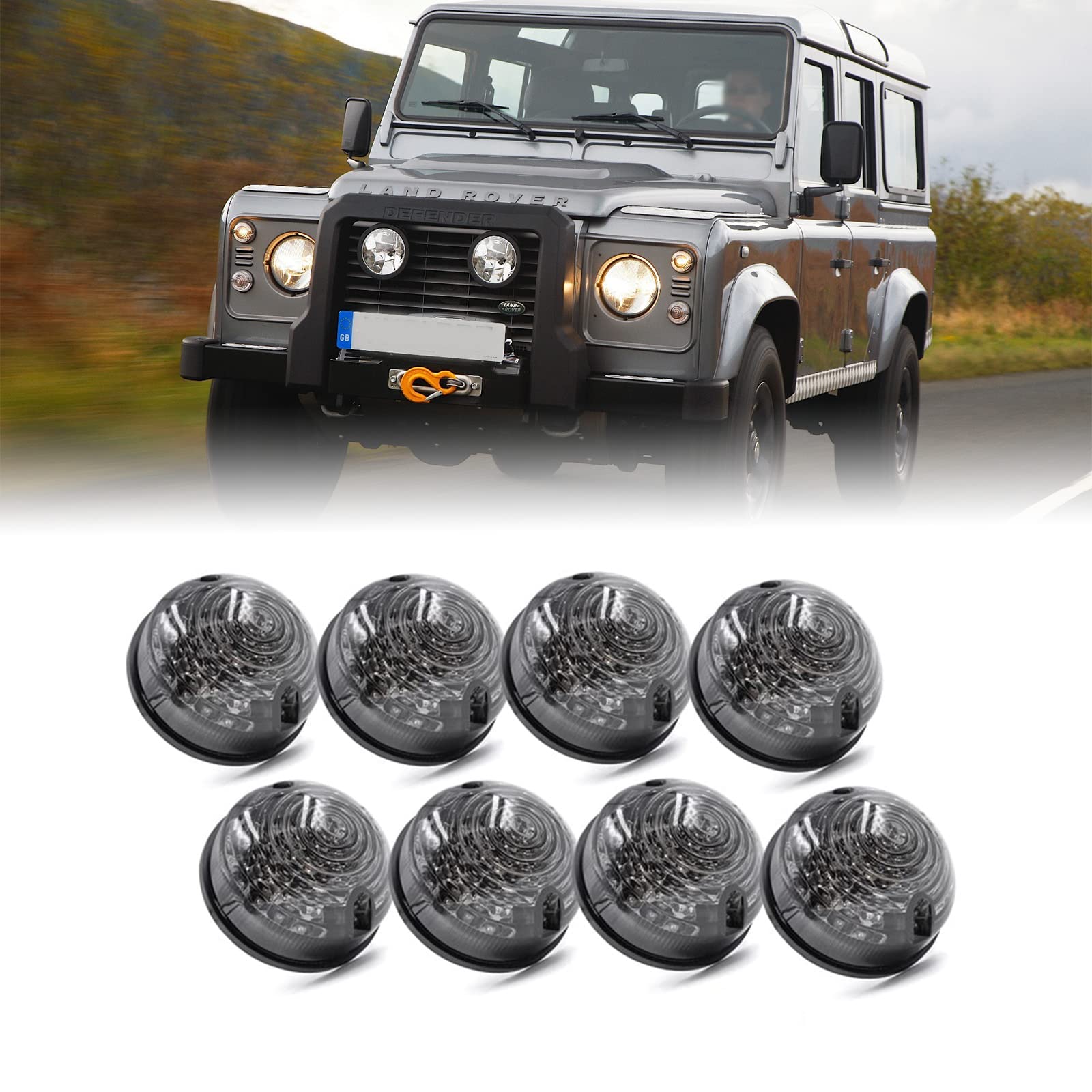 njssjd 8 x 73 mm Rauchglas-Defender-LED-Licht-Upgrade-Kit, bernsteinfarbene Blinker, vorne, weiß, Seitenlicht, hinten, rot, Bremslicht für Land Rover Defender 90 110 von njssjd