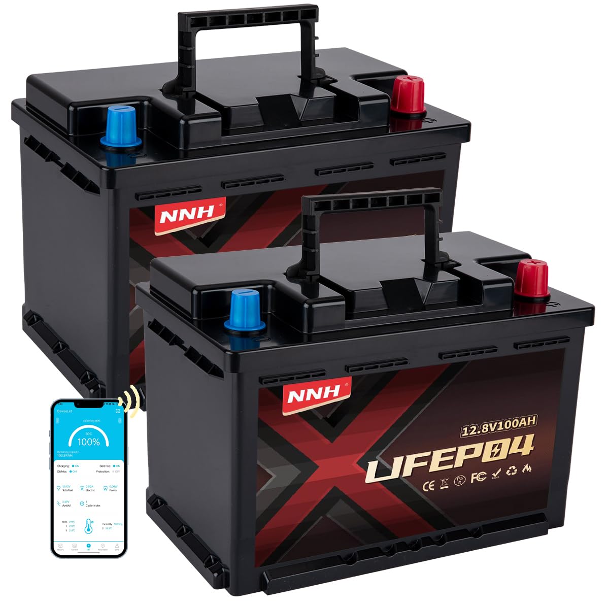 NNH 12V 100Ah LiFePO4 Batterie 2 Stück, 1280Wh Lithium Batterie mit 100A BMS, 4000-15000 Zyklen Ladezyklen, Unterstützung in Serie/Parallelschaltung für Wohnmobil, Boot, Haushalt, Solarpanel Kit von nnh