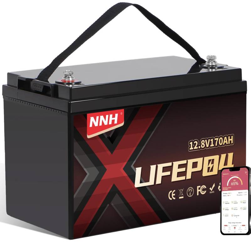 NNH 12V 170Ah LiFePO4 Lithium Batterie mit Bluetooth, Tieftemperaturschutz, 8000-10000 Zyklen Deep Cycle Akku mit 150A BMS, für Wohnmobile, Trolling Motor, Boote und Solare Heimanlagen von nnh