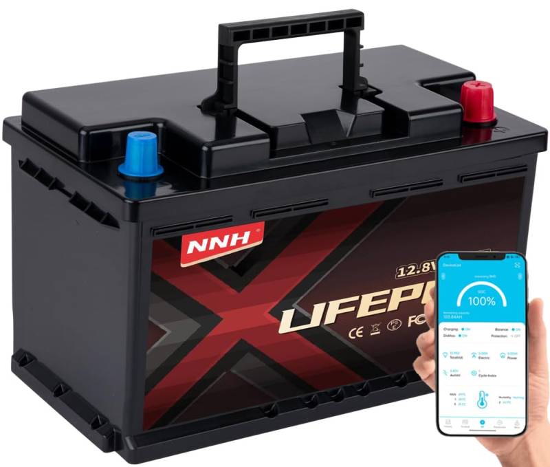 NNH LiFePO4 Batterie 12V 100Ah Bluetooth BMS, 5000-15000 Zyklen, 100Ah Lithium Akku mit Bluetooth Perfekter für Wohnmobil, Solar & Boot von nnh