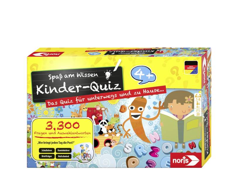 Noris 606013595 Quiz - Quizspiel mit 3300 Fragen und Wahlmöglichkeiten, für 1 - 6 Spieler, ideal für Zuhause oder auf Reisen, für Kinder ab 4 Jahren von Noris