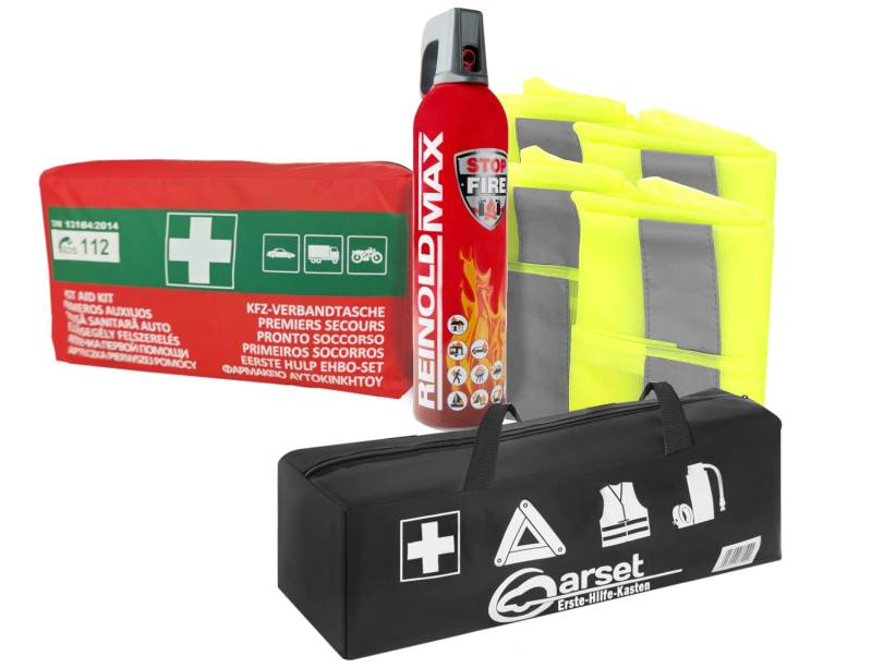 notlok Safety Work 5 in 1 Auto Notfallset | Auto Verbandskasten DIN13164 + 750ml Feuerlöschspray + 2X Warnwesten Auto + Nylontasche | Perfekt KFZ-Kombitasche - Praktisch Erste Hilfe Set Auto von notlok Safety Work