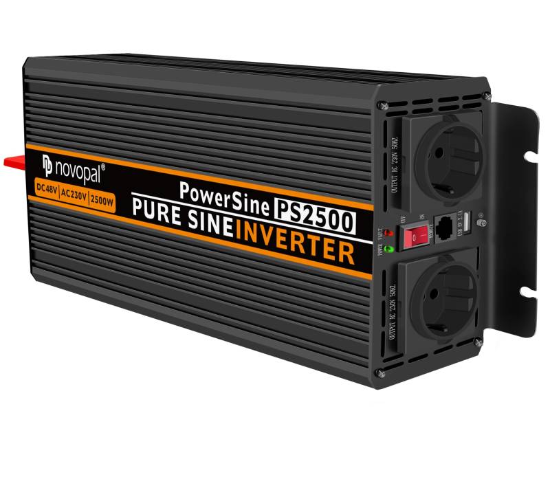 novopal 2500W KFZ Reiner Sinus Wechselrichter - Auto Spannungswandler 48v auf 230v Umwandler - Inverter Konverter mit 2 EU Steckdose und 2.1A USB-Port von novopal