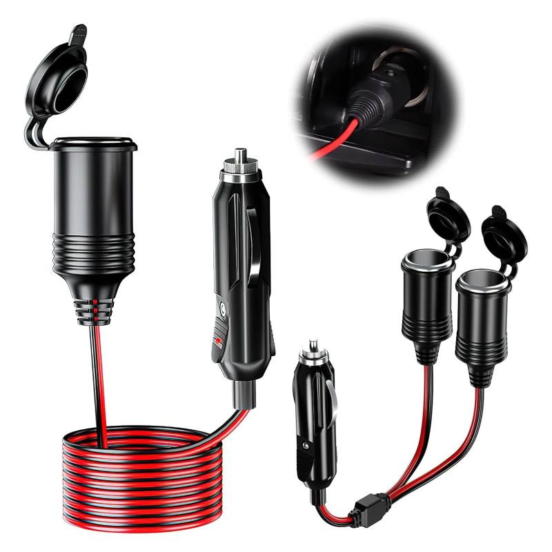 2 Stück Auto Zigarettenanzünder Stecker 12V/24V Wasserdicht 4 Meter KFZ Verlängerungskabel für Zigarettenanzünder und 1 bis 2 Motorrad Zigarettenanzünder Buchse Splitter für DC Auto Motorrad LKW von nuluxi