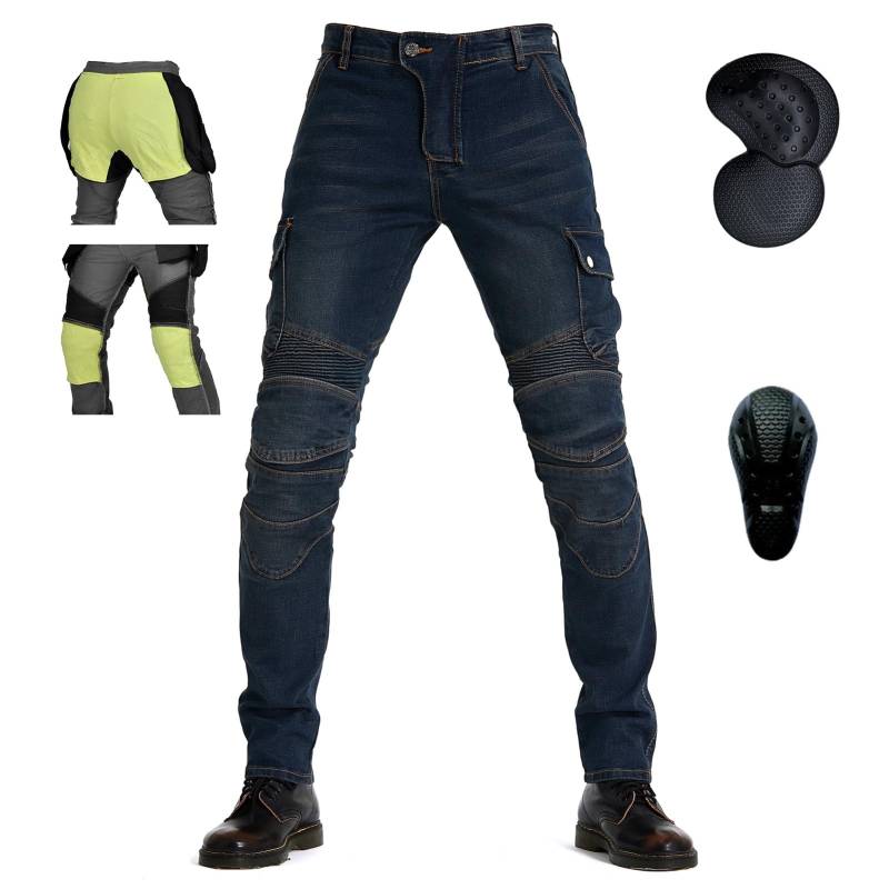 oFzimTo Motorradhose Herren mit Protektoren, Motorrad Jeans Herren, Klassisch Motorrad Hosen Herren, für Winter und Sommer Geeignet (Blau(Kevlar Futter),4XL) von oFzimTo