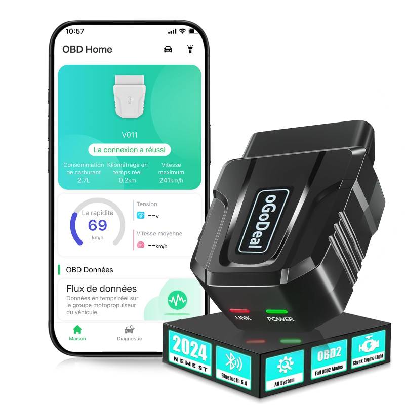 oGoDeal OBD2 Diagnosegerät Auto, OBD Bluetooth 5.4 Adapter für iOS & Android, OBDII Diagnosewerkzeuge mit Exklusive APP, Automotive Fehlercode Auslesegerät, Leistungstest, Reset/Löschen Fehlercode von oGoDeal