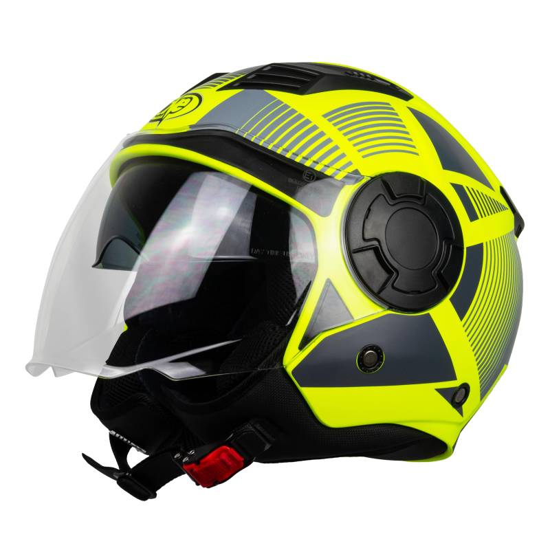 one By Camamoto | Alfa 2.0 Jet-/Demi-Jet-Helm für Motorräder und Motorroller, Fluo-Gelb – Mattgrau, Doppelvisier, ECE R22-06-Zulassung, Größe L (59 cm) von one