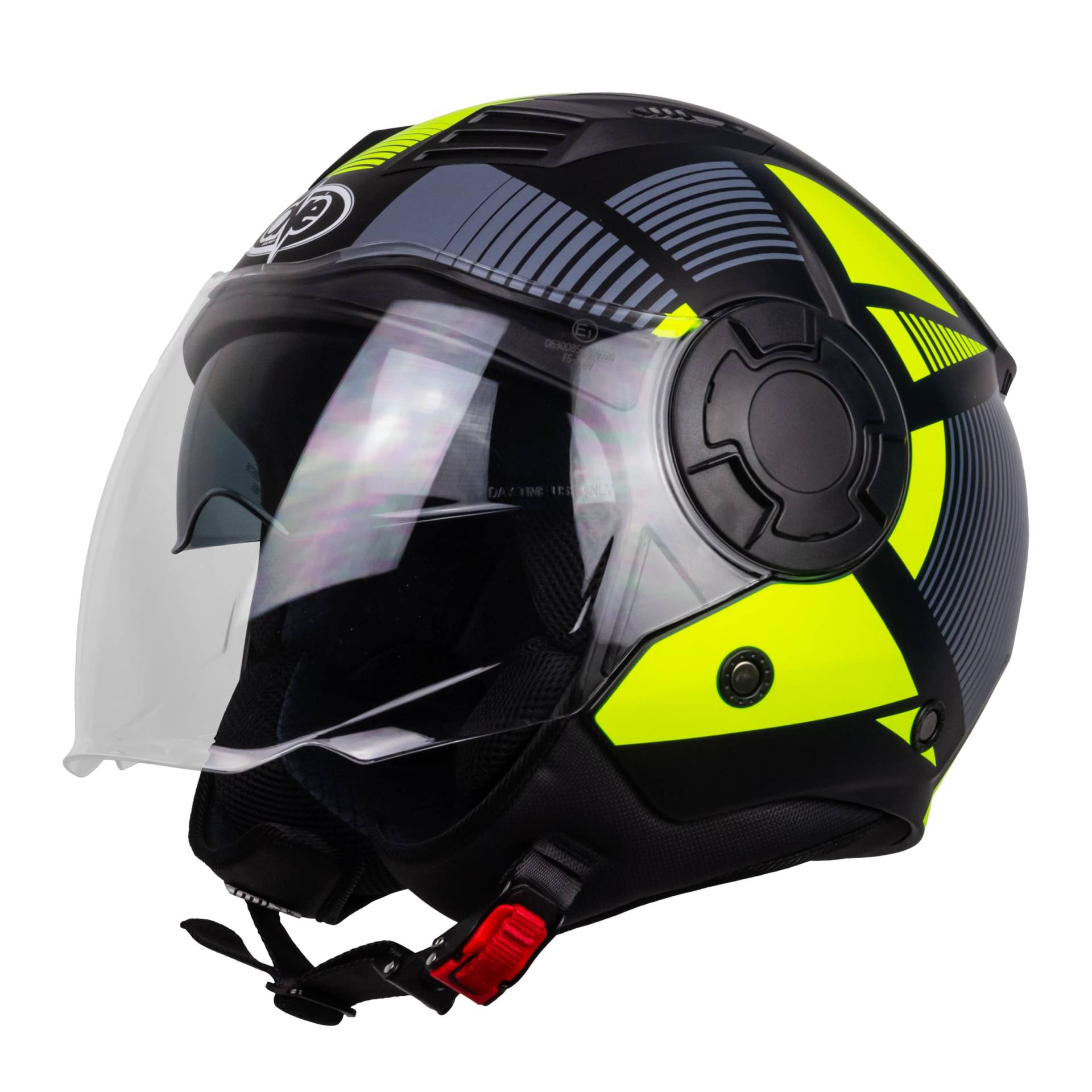 one By Camamoto | Alfa 2.0 Jet-/Demi-Jet-Helm für Motorräder und Motorroller, Mattschwarz – Fluo-Gelb, Doppelvisier, ECE R22-06-Zulassung, Größe L (59 cm) von one