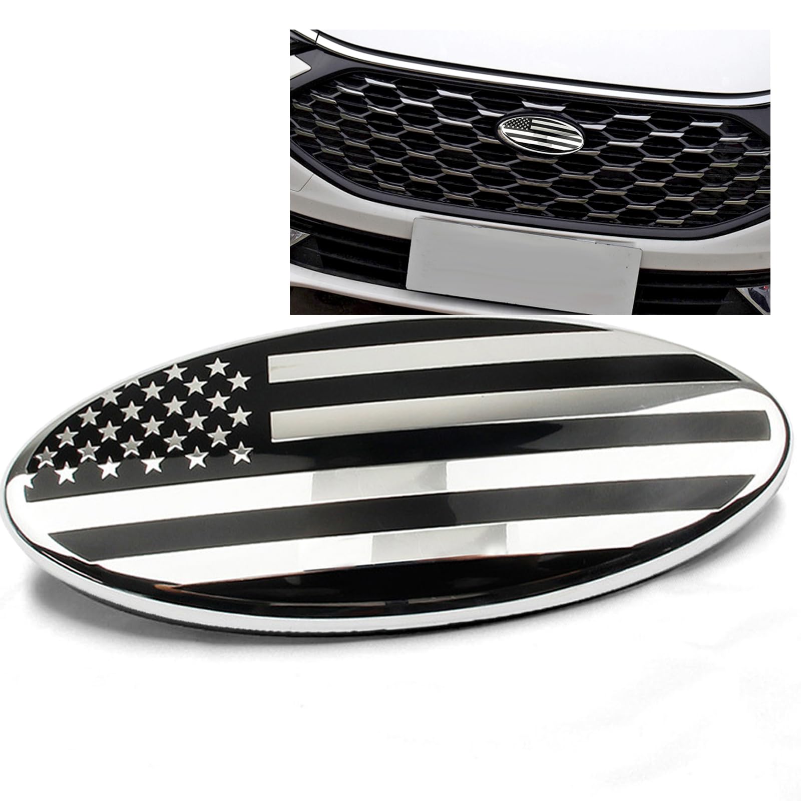 ontto 1 Stück 11.5cm Amerikanische Flagge Frontgrill Hinten Heckklappe Emblem Aufkleber Passt für Ford F150 F250 Explorer Edge Ranger Focus Ecosport Abzeichen Heckklappe Ersatzabdeckung Zubehör Silber von ontto